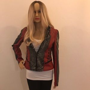 Faux red leather & jean jacket
